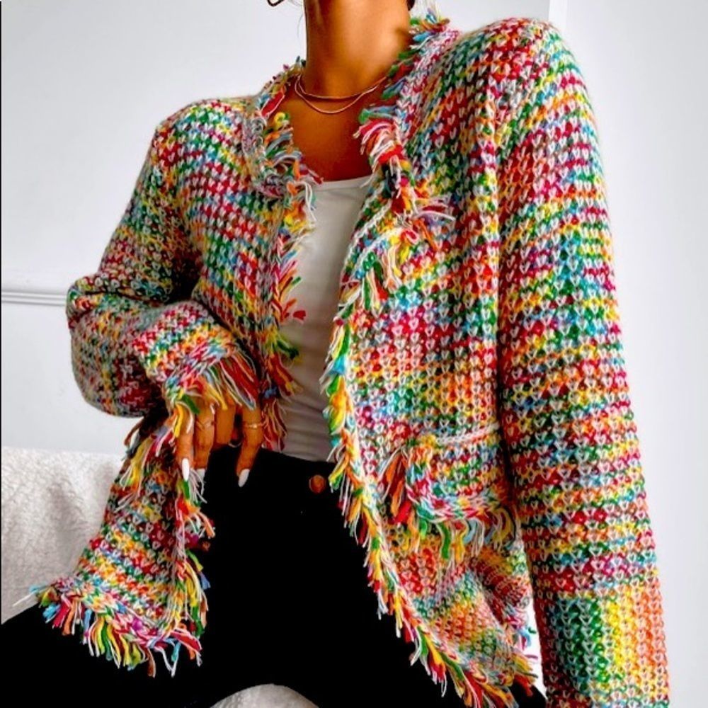 NWT! COLORFUL FRINGE TRIM CHUNKY KNIT CARDIGAN!